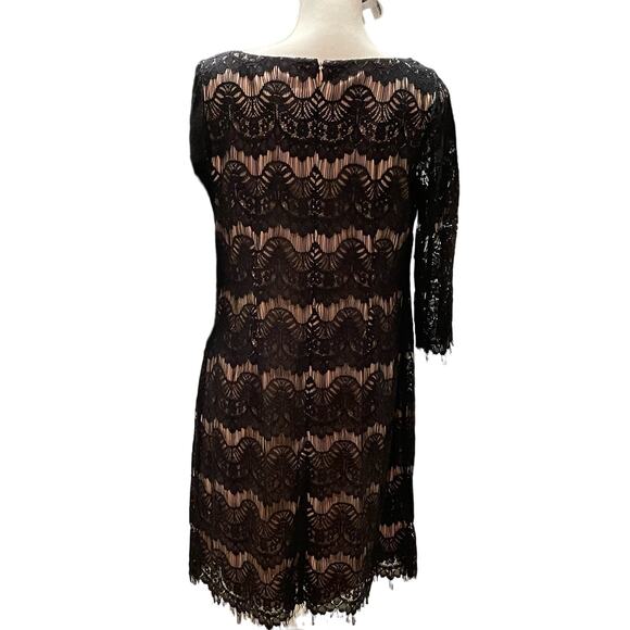 DRAPERS AND DIAMONDS BLACK LACE 3/4 SLEEVE DRESS NUDE LINING LACE EDGES FLAPPER - Picture 3 of 3